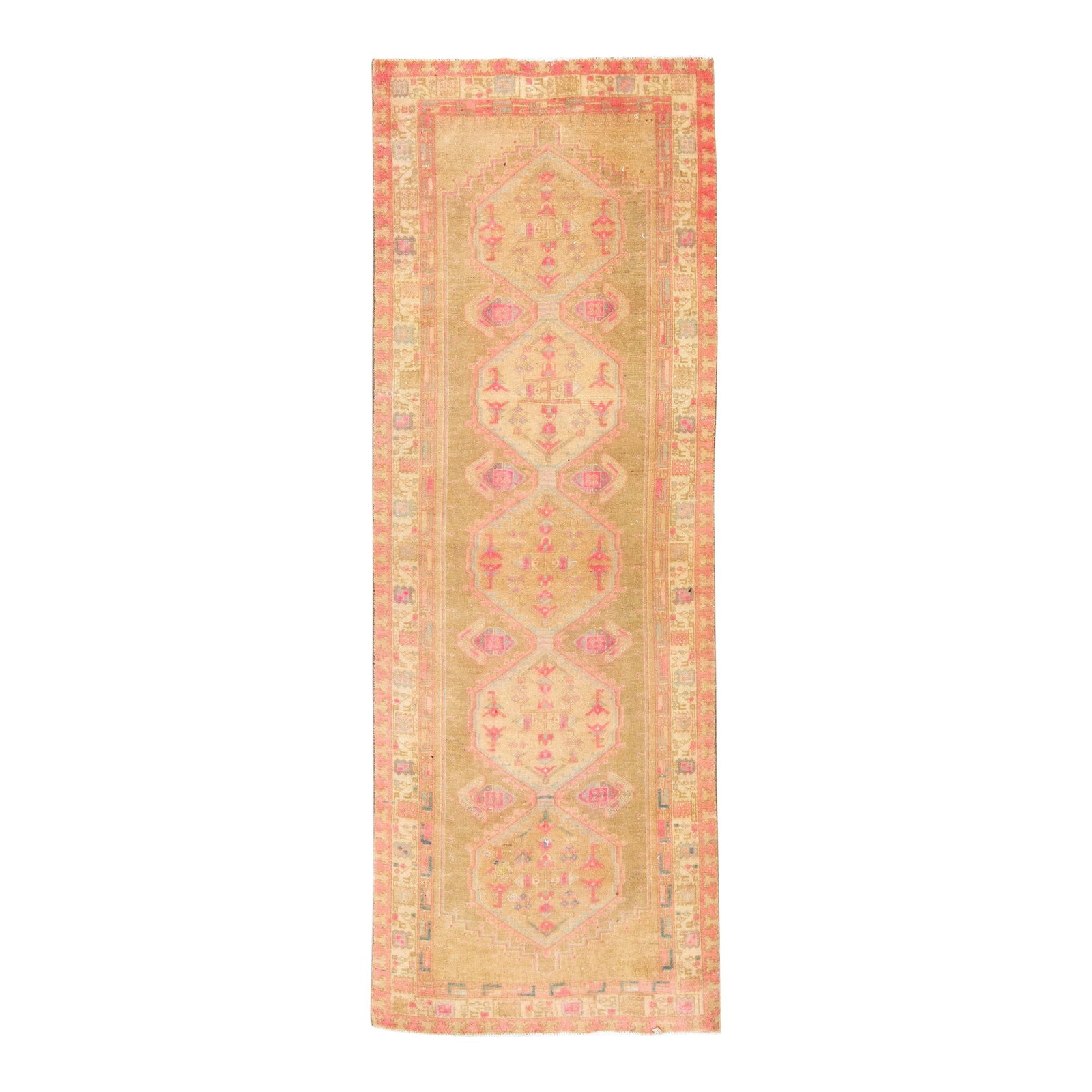 1960s Vintage Persian Handmade Wool Runner Brown Medallion Design 3'4 x 9'6: 1960s Vintage Persian Handmade Wool Runner Brown Medallion Design 3'4 x 9'6 This exquisite vintage Persian runner rug features a distressed hand-knotted design in a rich brown color field, complemente