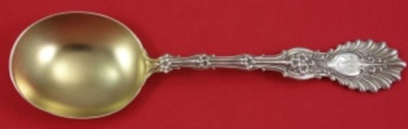 Whiting Radiant Sterling Silver Gumbo Soup Spoon Gold Wash 6 3/4": Whiting Radiant Sterling Silver Gumbo Soup Spoon Gold Wash 6 3/4" Sterling silver gumbo soup spoon in the Radiant pattern by Whiting. It features a gold wash finish, is monogrammed with varying monogr