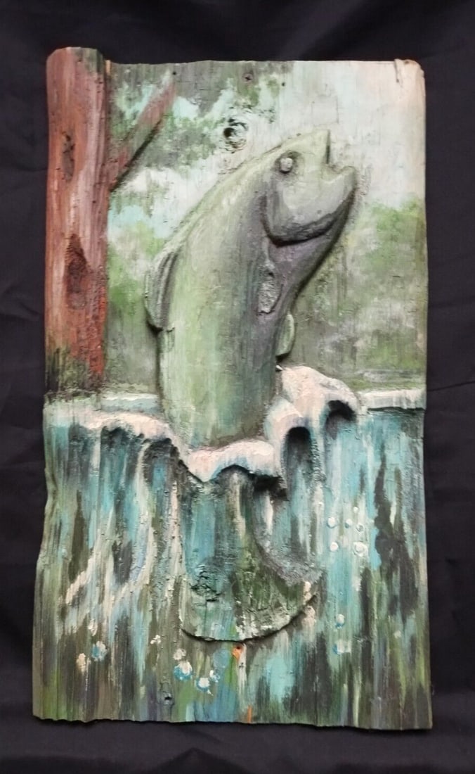 Folk Art Wood Relief Plaque Fish Breaking Water 10.75 x18.5 (1 of 17)