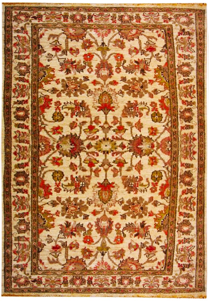 4' x 5'8" Ivory Chobi Peshawar Ziegler Handmade Wool Rug: 4' x 5'8" Ivory Chobi Peshawar Ziegler Handmade Wool Rug Free continental US Shipping Enhance your space with the exquisite 4' x 5' 8" Ivory Chobi Handmade Peshawar Ziegler Rug, a stunning blend of tr