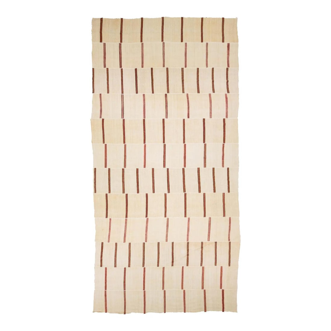 Minimalist Kilim Wool Rug in Cream with Terracotta Stripes 13 x 27: Minimalist Kilim Wool Rug in Cream with Terracotta Stripes 13 x 27 This vintage Kilim rug showcases an extra-long design, measuring approximately 13'4" by 26'10". Handwoven from 100% natural wool, it 