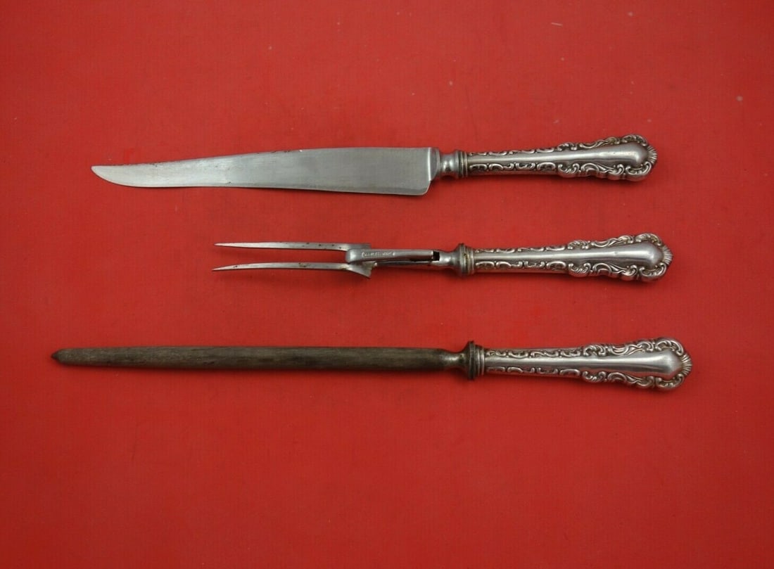 Roden Louis XV Sterling Silver Steak Carving Set 3pc Heirloom: Roden Louis XV Sterling Silver Steak Carving Set 3pc Heirloom Enhance your dining experience with this exquisite 3-piece steak carving set in the elegant Louis XV pattern by Roden. Crafted from Canadi