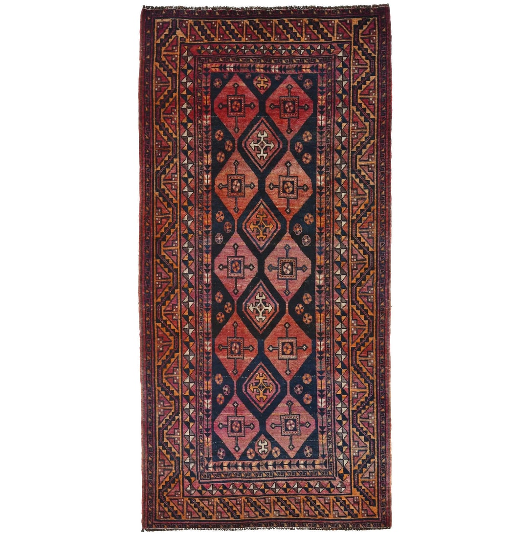 Vintage Handmade Tribal Style Red Wool Runner Rug 4'8 x 9'7: Vintage Handmade Tribal Style Red Wool Runner Rug 4'8 x 9'7 Enhance your space with this exquisite handmade tribal style vintage runner rug, measuring 4'8" x 9'7". Crafted from high-quality wool, this