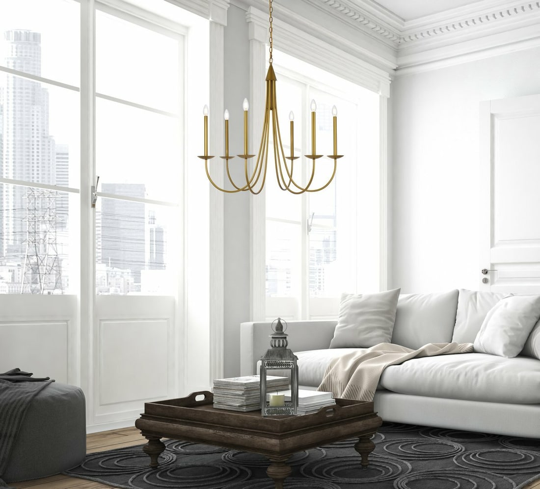 Living District Brass 6 Light Farmhouse Chandelier 36 inch: Living District Brass 6 Light Farmhouse Chandelier 36 inch This pre-owned chandelier features a 6-light design with a brass finish and a metal frame in the style of wrought iron. Suitable for various 