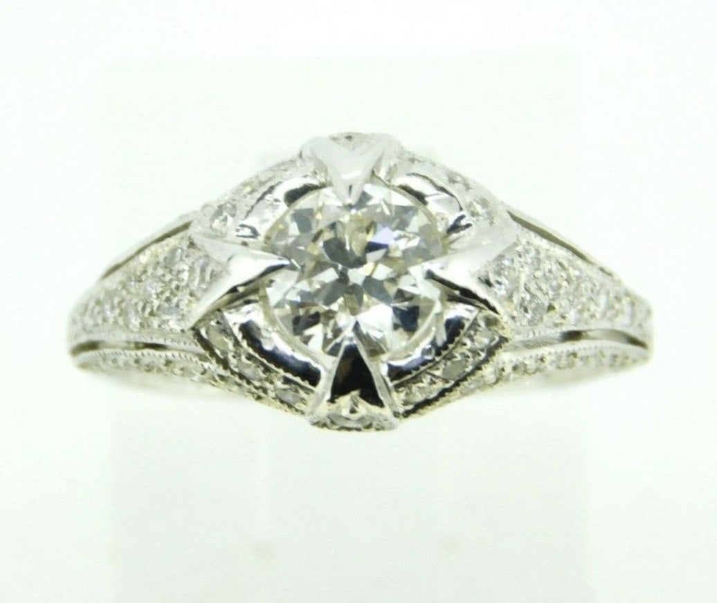 Art Deco 18k White Gold Diamond Ring 1.05ct Milgrain 51 Diamonds GIA Certified (1 of 8)