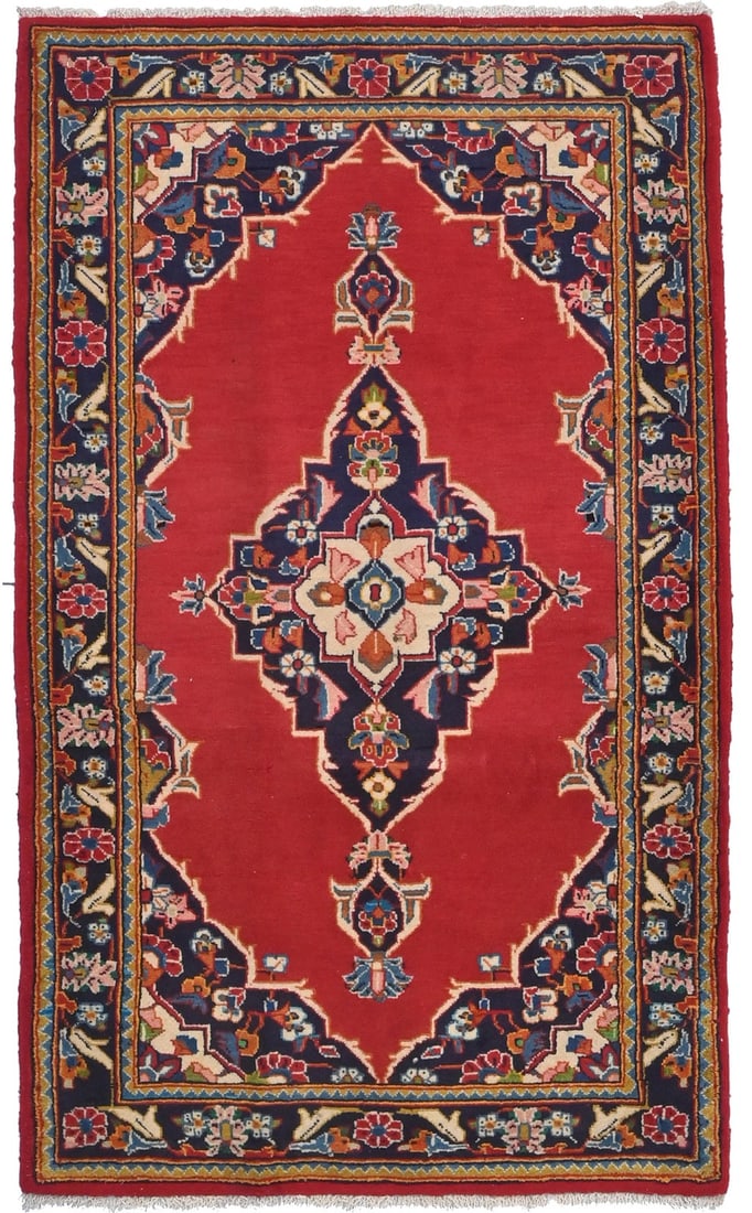 Hand-Knotted Wool Floral Medallion Rug 2'8 x 4'3 Vintage Western Asian Carpet: Hand-Knotted Wool Floral Medallion Rug 2'8 x 4'3 Vintage Western Asian Carpet This vintage Oriental rug features a beautiful floral medallion pattern in shades of red, purple-navy, cream, pale pink, y