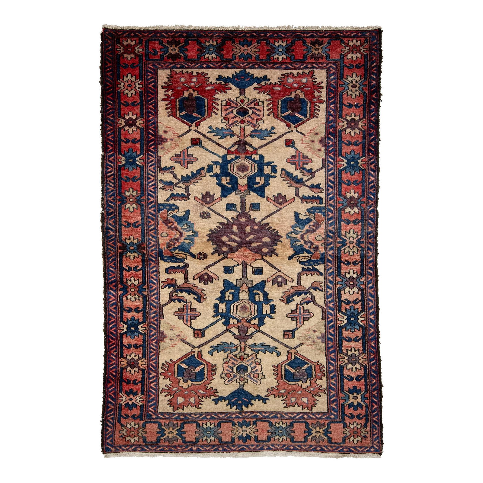 Vintage Persian Bakhtiari Handmade Wool Rug 4'3 x 6'6 Beige Geometric Design: Vintage Persian Bakhtiari Handmade Wool Rug 4'3 x 6'6 Beige Geometric Design Discover the charm of this vintage Persian Bakhtiari hand-knotted wool rug, featuring a stunning multicolor geometric desig