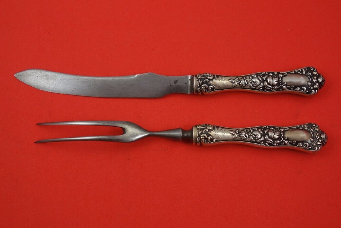 Shiebler American Beauty Sterling Silver 2-Piece Steak Carving Set: Shiebler American Beauty Sterling Silver 2-Piece Steak Carving Set This exquisite 2-piece steak carving set features the elegant American Beauty pattern by Shiebler, crafted from high-quality sterling