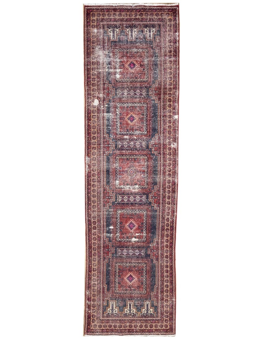 Vintage Wool Hand Knotted Geometric Runner 3'4 x 11'9: Vintage Wool Hand Knotted Geometric Runner 3'4 x 11'9 This semi-antique hand-knotted Oriental runner rug features a geometric pattern in a muted palette, including shades of red, plum, peach, beige, c