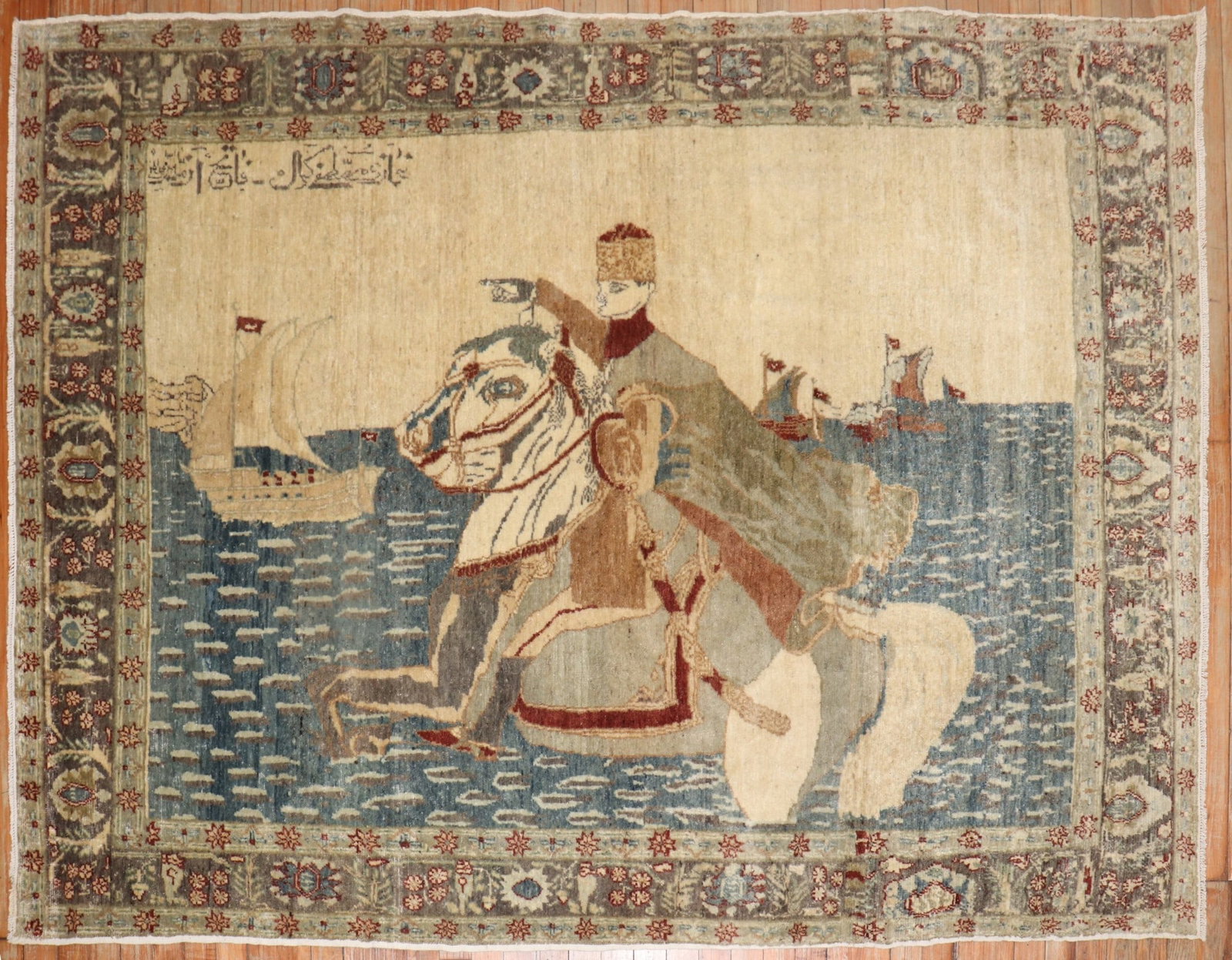 5' 1" x 7' 1" Turkish Sivas pictorial rug with emperor and horse: 5' 1" x 7' 1" Turkish Sivas pictorial rug with emperor and horse Late 19th century Turkish Sivas pictorial rug depicting an emperor and a horse. This pre-owned accent rug features a fine pictorial des