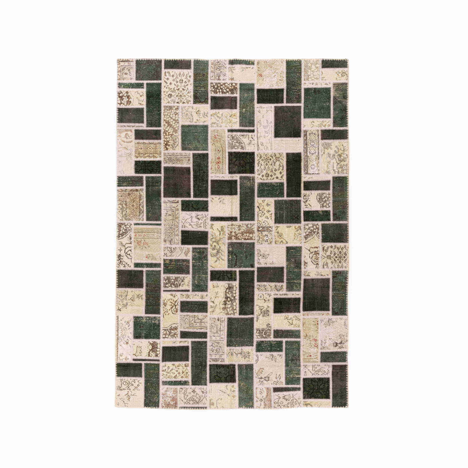 Authentic Handmade Patchwork Wool Carpet 197 x 298 cm: Authentic Handmade Patchwork Wool Carpet 197 x 298 cm This authentic handmade patchwork carpet features a unique design crafted from high-quality wool on wool. Its intricate double knot weaving techni