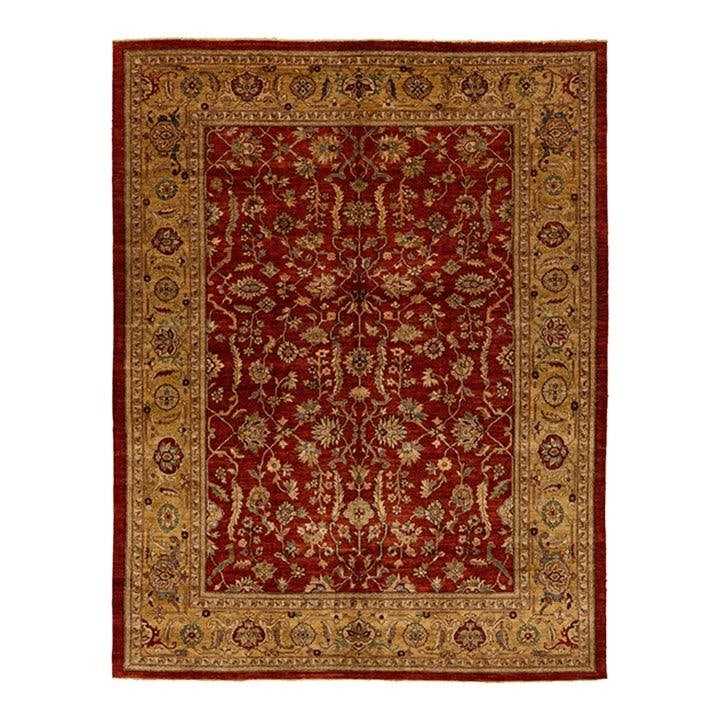 Hand-Knotted Peshawar Wool Rug Red Floral 9' x 11'6'': Hand-Knotted Peshawar Wool Rug Red Floral 9' x 11'6'' Enhance your space with this exquisite hand-knotted Pakistani Peshawar wool rug, showcasing a vibrant red field adorned with a tan frame and intri
