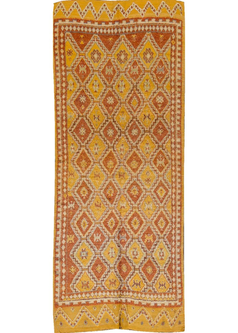 Vintage Moroccan Tribal Wool Rug 4'3 x 10'9 Hand-Knotted Orange Accents: Vintage Moroccan Tribal Wool Rug 4'3 x 10'9 Hand-Knotted Orange Accents Enhance your space with this stunning Mid 20th Century Vintage Moroccan Tribal Wool Rug. Hand-knotted from quality wool, this ru