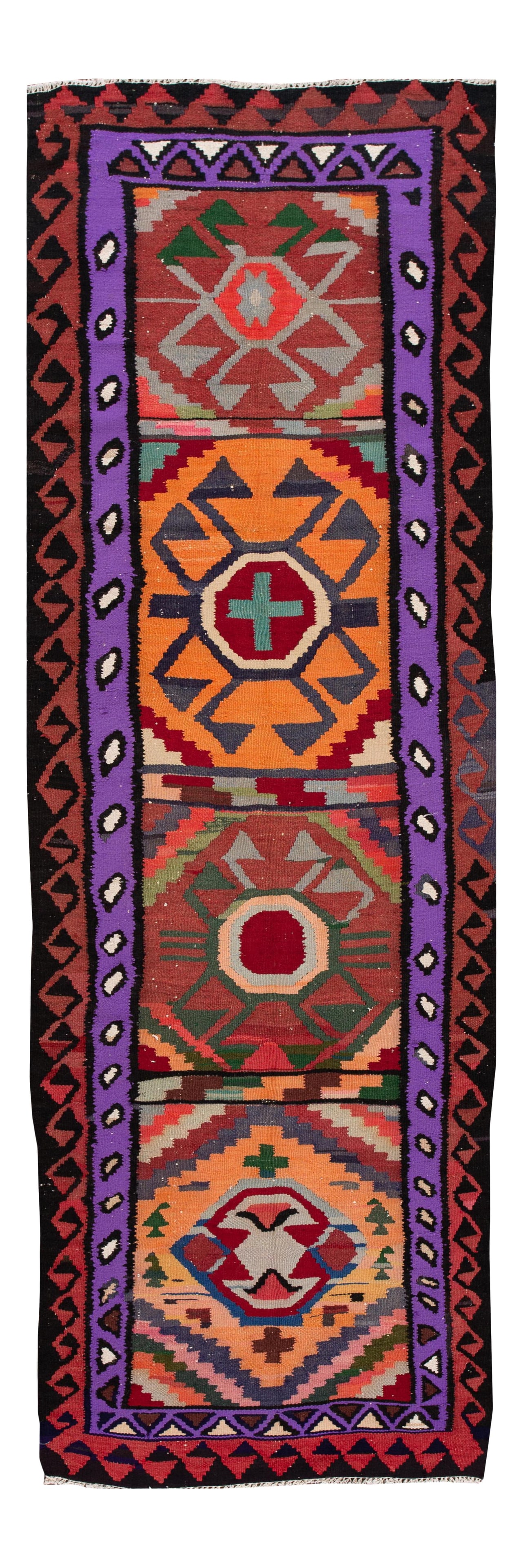 Vintage Hand-Woven Kilim Runner Rug Wool Multi-Color Geometric 3'4 x 10'7: Vintage Hand-Woven Kilim Runner Rug Wool Multi-Color Geometric 3'4 x 10'7 This stunning hand-woven vintage Kilim runner showcases a vibrant multi-color field adorned with an all-over geometric design.