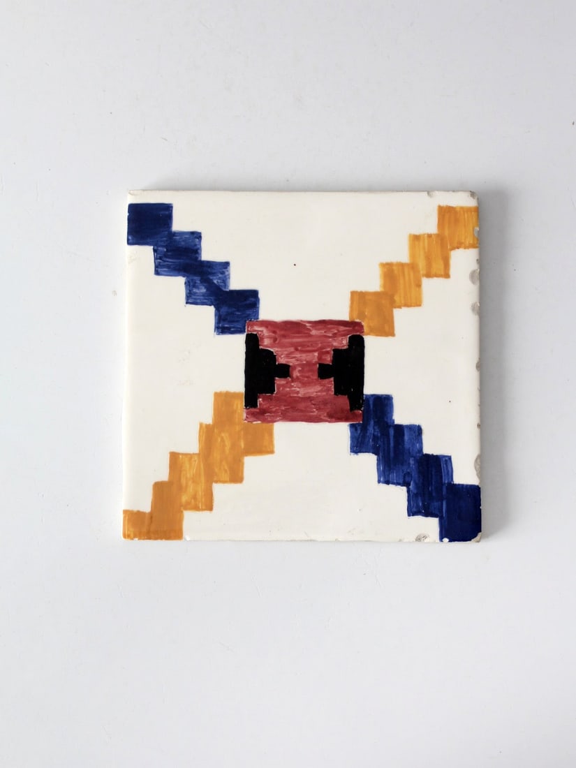 Geometric Motif Hand Painted Ceramic Tile Mid-20th Century Decorative Accent (1 of 9)