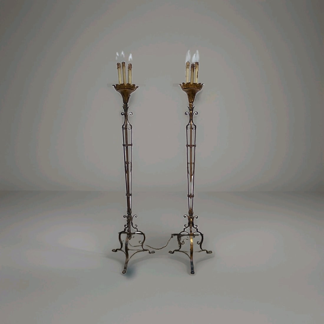 Pair of 1920s Gothic Spanish Revival 5-Light Iron Floor Lamps 65" (1 of 18)