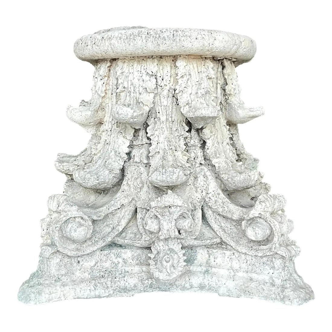 Vintage Boho Alabaster Concrete Corinthian Column Top: Vintage Boho Alabaster Concrete Corinthian Column Top Discover the charm of this vintage Boho Corinthian column top, crafted from chic cast concrete with meticulous attention to detail. This versatile