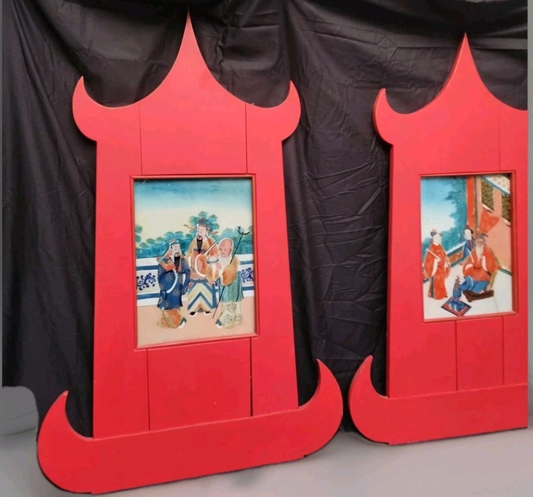 Pair of 19th Century Framed Chinese Reverse Paintings on Glass 44 x 26 (1 of 18)