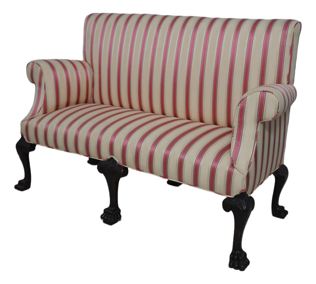 Georgian Style Vintage 6 Leg Upholstered Loveseat with Ball & Claw Feet: Georgian Style Vintage 6 Leg Upholstered Loveseat with Ball & Claw Feet This exquisite Vintage Upholstered Georgian Style Rolled Arm Loveseat, dating back to the 1930s, showcases a timeless design wit