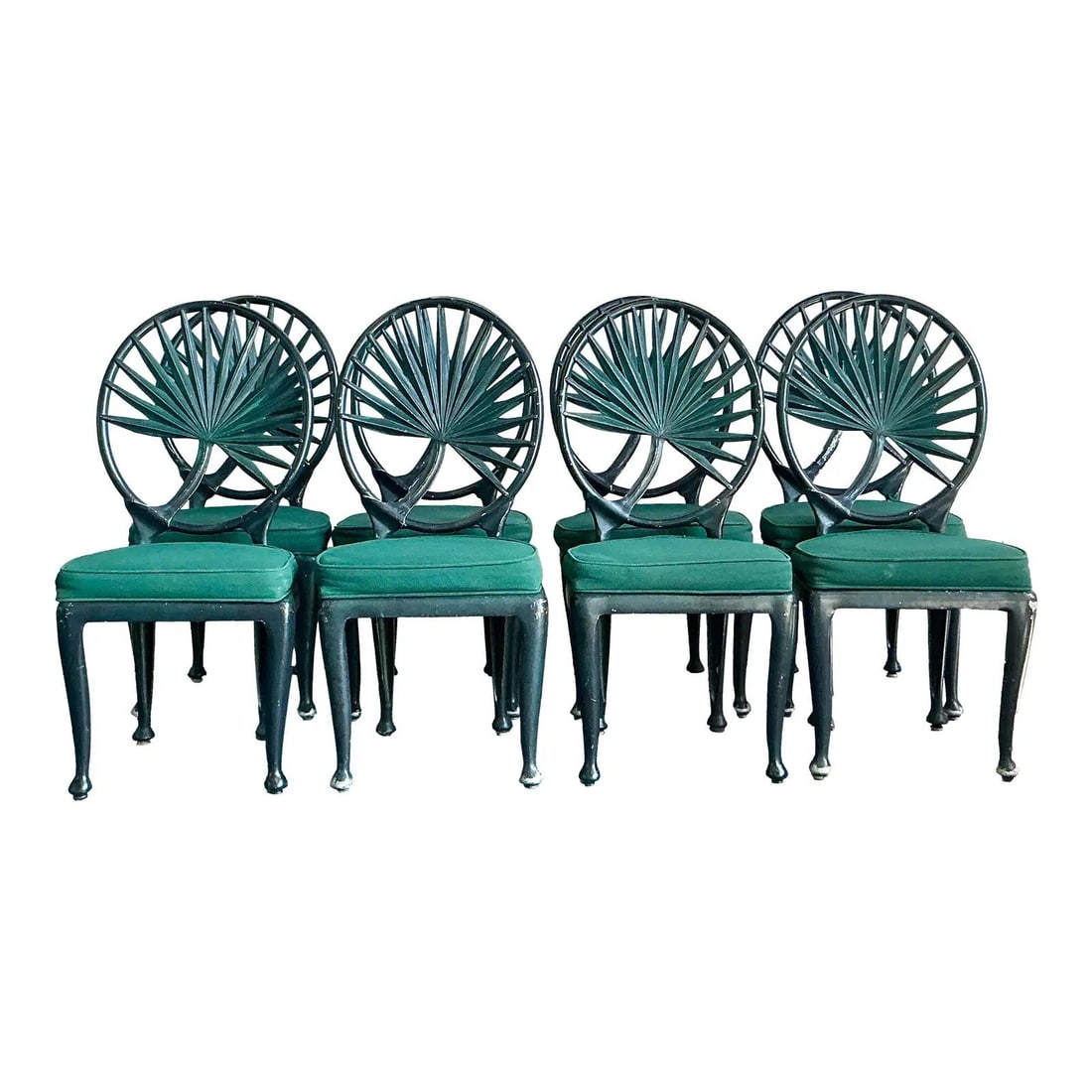 Set of 8 Palm Frond Cast Aluminum Coastal Dining Chairs With Green Upholstery: Set of 8 Palm Frond Cast Aluminum Coastal Dining Chairs With Green Upholstery This set includes eight vintage dining chairs featuring a coastal Hollywood Regency style with a distinctive palm frond de