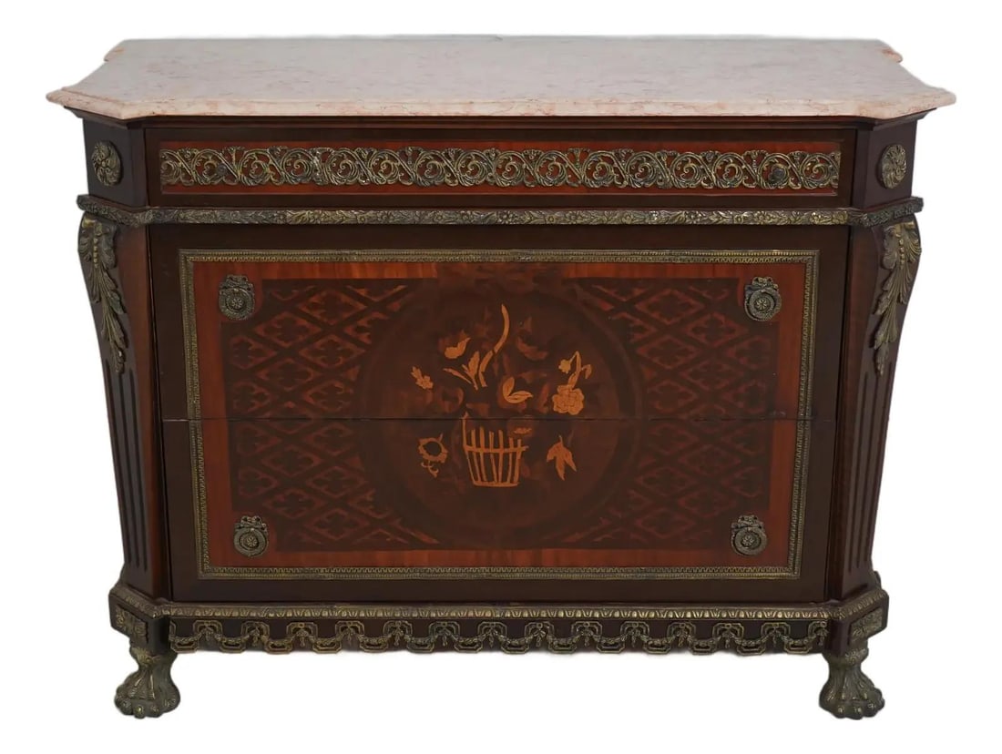 Marquetry Inlaid French Style Commode with Marble Top Ormolu Mounts (1 of 10)