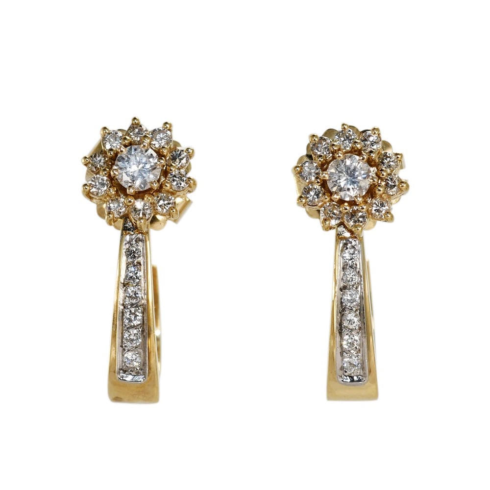 Unbranded 14K Yellow Gold Diamond J Curve Drop Earrings 1.20 CTW: Unbranded 14K Yellow Gold Diamond J Curve Drop Earrings 1.20 CTW Pair of diamond stud and half loop earrings in 14k yellow gold. Designed with round brilliant natural diamonds in a J-curve dangle/drop