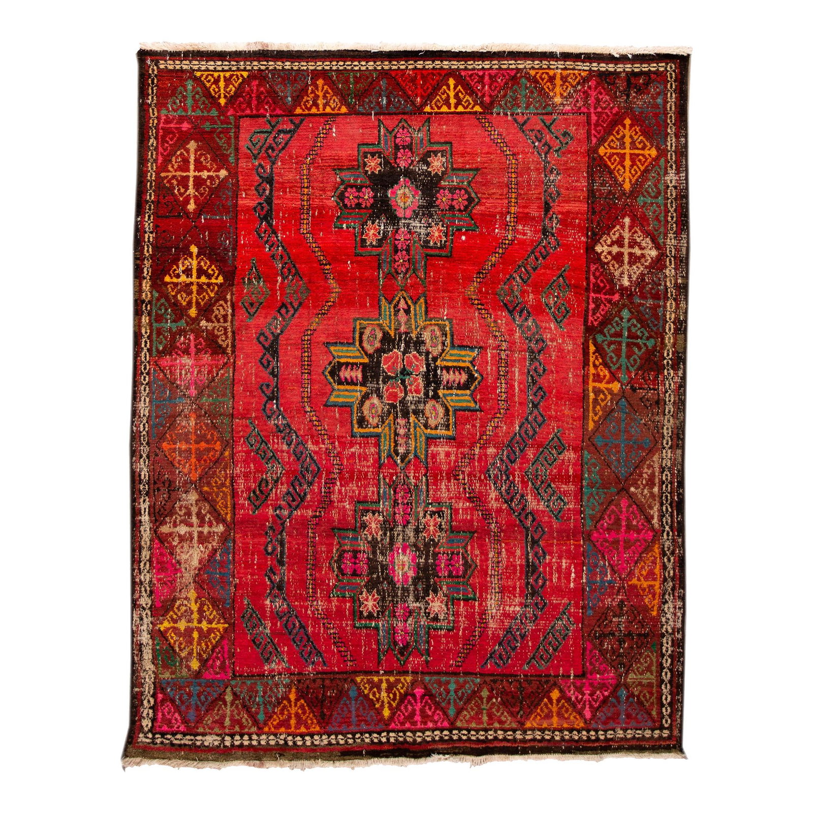 1960s Handmade Persian Red Wool Rug Geometric Tribal Design 6'06 x 8': 1960s Handmade Persian Red Wool Rug Geometric Tribal Design 6'06 x 8' This stunning vintage Persian rug features a vibrant red field complemented by multicolor accents in a unique geometric tribal des