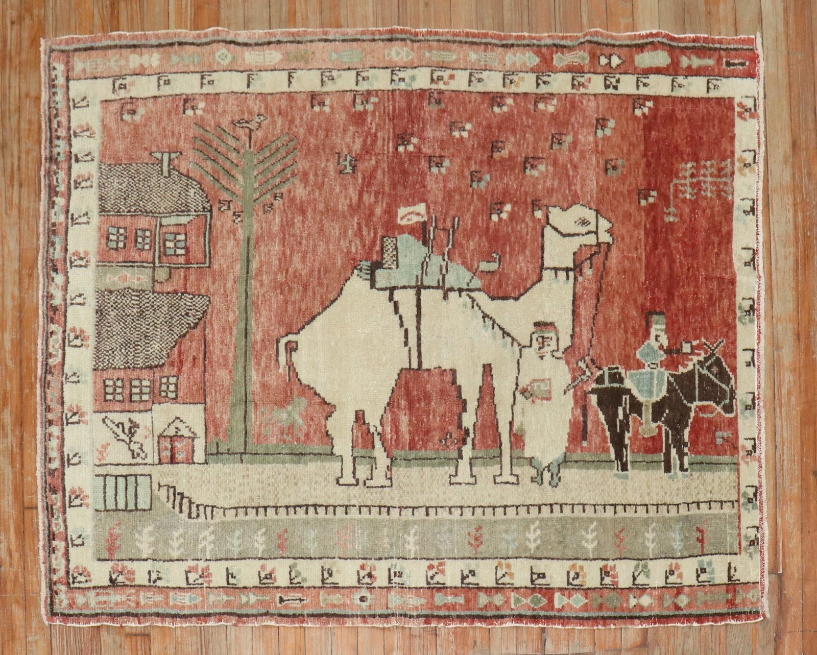 4' x 5' 3" Small Turkish Konya Pictorial Rug: 4' x 5' 3" Small Turkish Konya Pictorial Rug Mid-20th century Turkish Konya pictorial rug in a small format. This pre-owned rug features a pictorial design and retains its original decorative characte