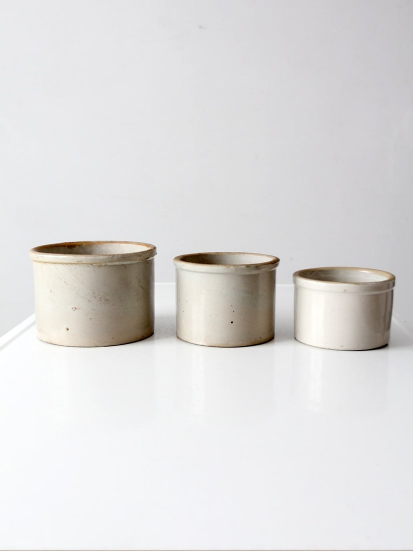 3 Antique White Glazed Stoneware Crocks Graduated Sizes Set Of 3 (1 of 11)