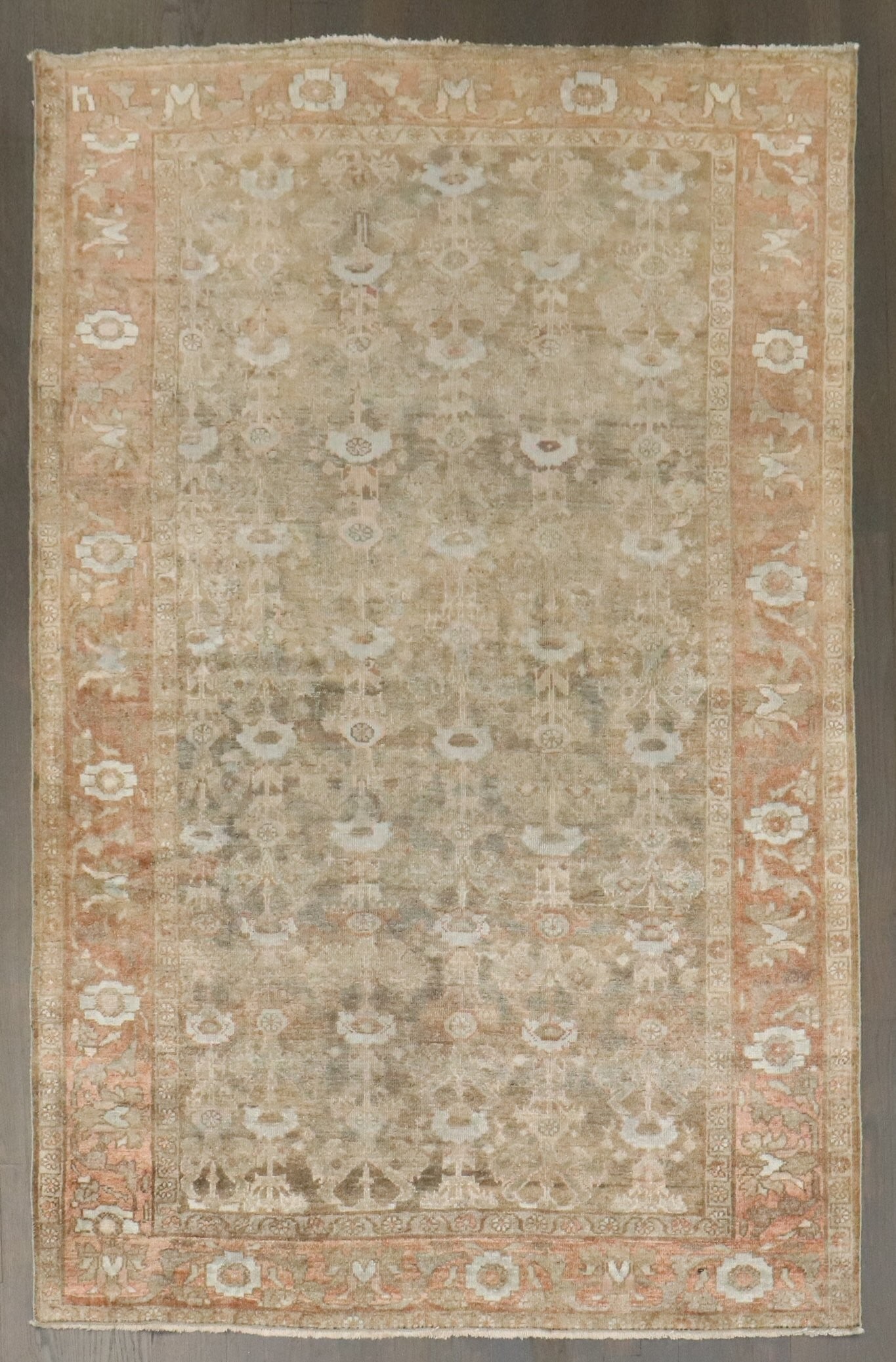 4' 2" x 6' 1" Persian Malayer Accent Rug in Apricot Gray: 4' 2" x 6' 1" Persian Malayer Accent Rug in Apricot Gray Early 20th century Persian Malayer accent rug in gray, soft brown, and apricot tones. This pre-owned piece offers a classic antique look in a v