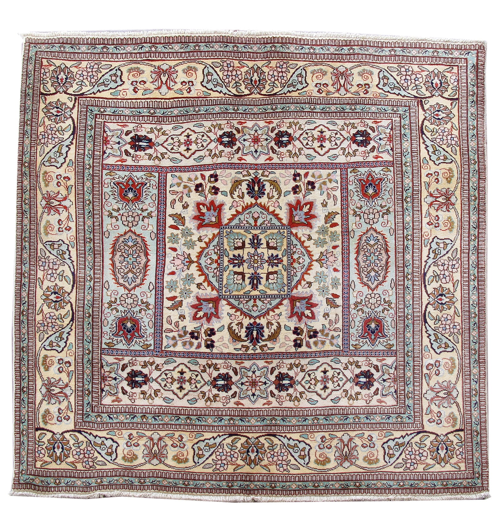 6.7 x 6.9 Persian Tabriz Tabatabai Hand-Knotted Wool Rug: 6.7 x 6.9 Persian Tabriz Tabatabai Hand-Knotted Wool Rug Free continental US Shipping This Persian Tabriz Tabatabai rug features a near-square 6.7 x 6.9 size and is hand-knotted in Iran. It is made fr