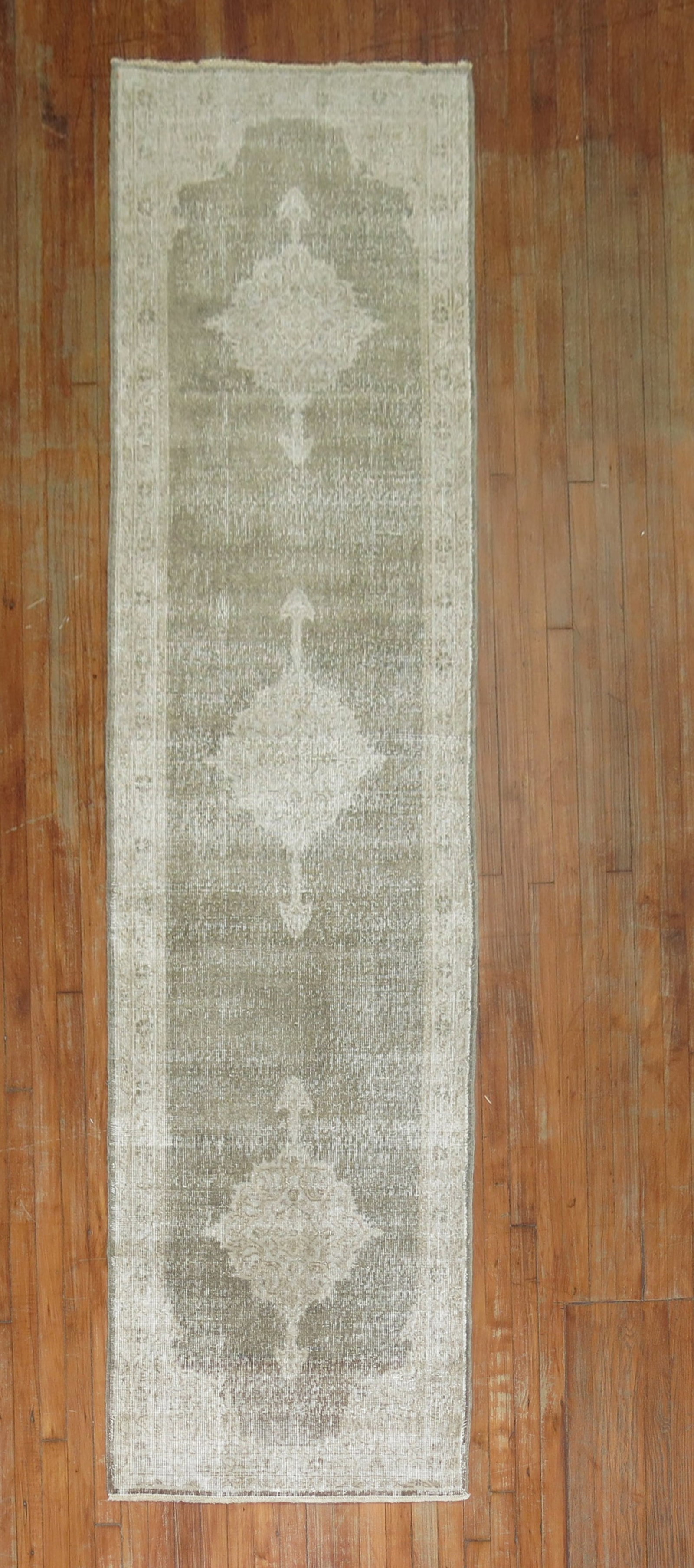 2' 8" x 10' Turkish Runner Dark Green Gray Mid 20th Century: 2' 8" x 10' Turkish Runner Dark Green Gray Mid 20th Century One-of-a-kind Turkish runner in a dark green and gray shabby chic palette, dating to the mid-20th century. This pre-owned piece offers a dis