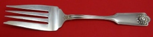 Frank Smith Fiddle Shell sterling silver serving fork 7 1/2 cold meat: Frank Smith Fiddle Shell sterling silver serving fork 7 1/2 cold meat Sterling silver cold meat fork in the Fiddle Shell pattern by Frank Smith. This serving fork dates to the 1900-1940 period, was ma