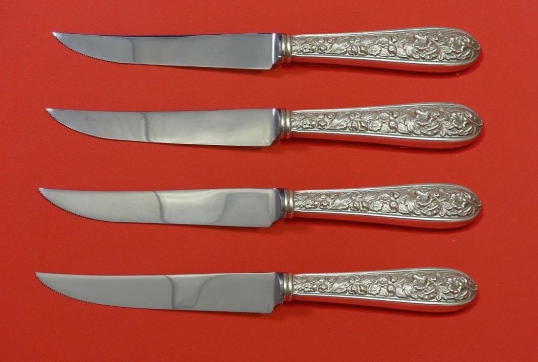 Stieff Corsage Sterling Silver Steak Knife Set 4pc 8.5in Custom Made: Stieff Corsage Sterling Silver Steak Knife Set 4pc 8.5in Custom Made Enhance your dining experience with this exquisite 4-piece steak knife set, crafted in the elegant Corsage pattern by Stieff. Each 