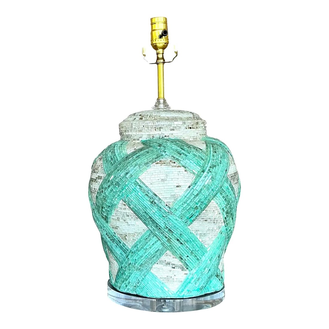 Vintage Boho Tiffany Blue Mosaic Tile Lamp 22H Urn Shape: Vintage Boho Tiffany Blue Mosaic Tile Lamp 22H Urn Shape Illuminate your space with the enchanting charm of this Vintage Boho Glass Mosaic Tile Lamp. Handcrafted with a mesmerizing lattice of seafoam 