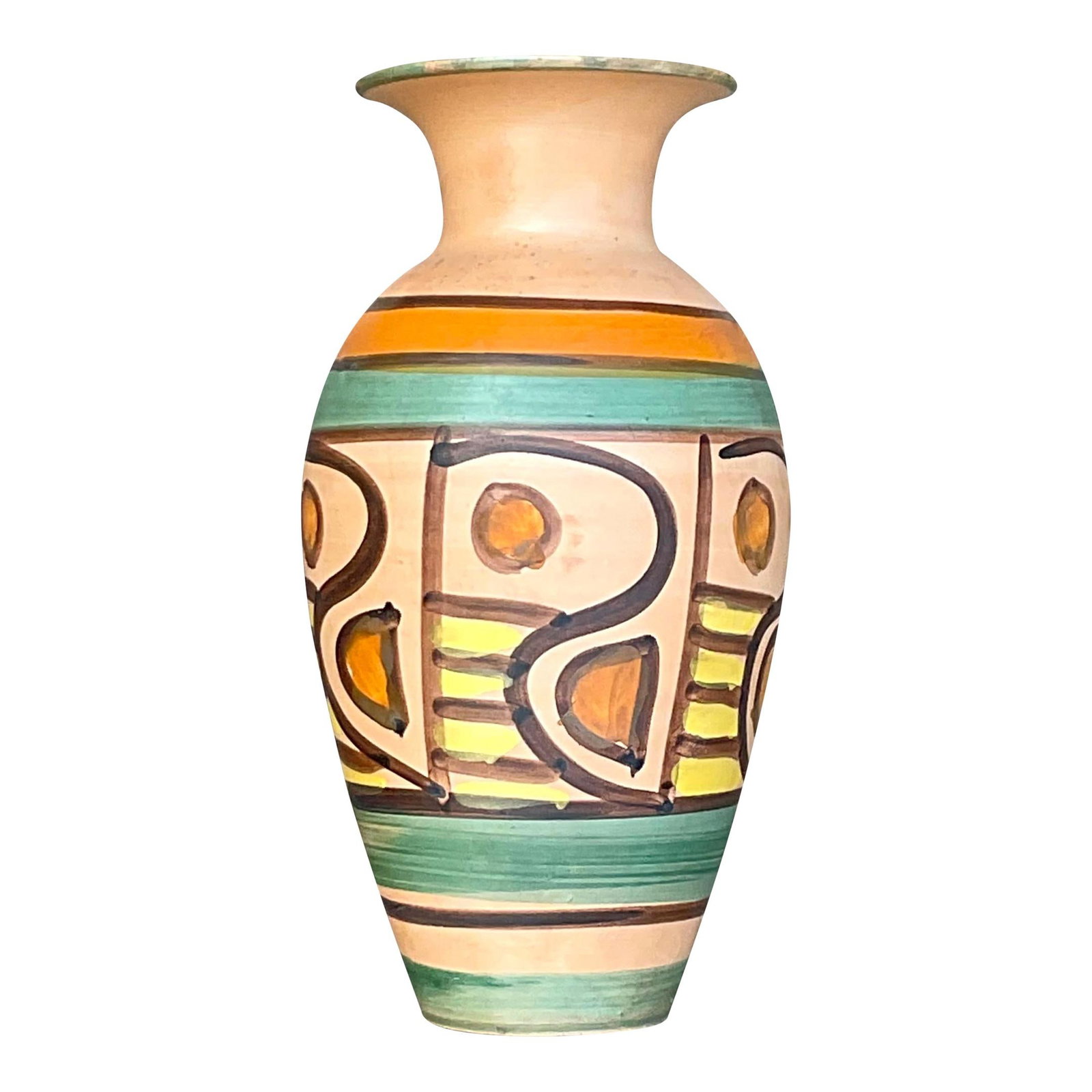 Vintage Italian Hand Painted Ceramic Vase Palm Beach Estate: Vintage Italian Hand Painted Ceramic Vase Palm Beach Estate This exquisite vintage Italian ceramic vase showcases beautiful hand-painted designs in chic muted colors, making it a stunning addition to 