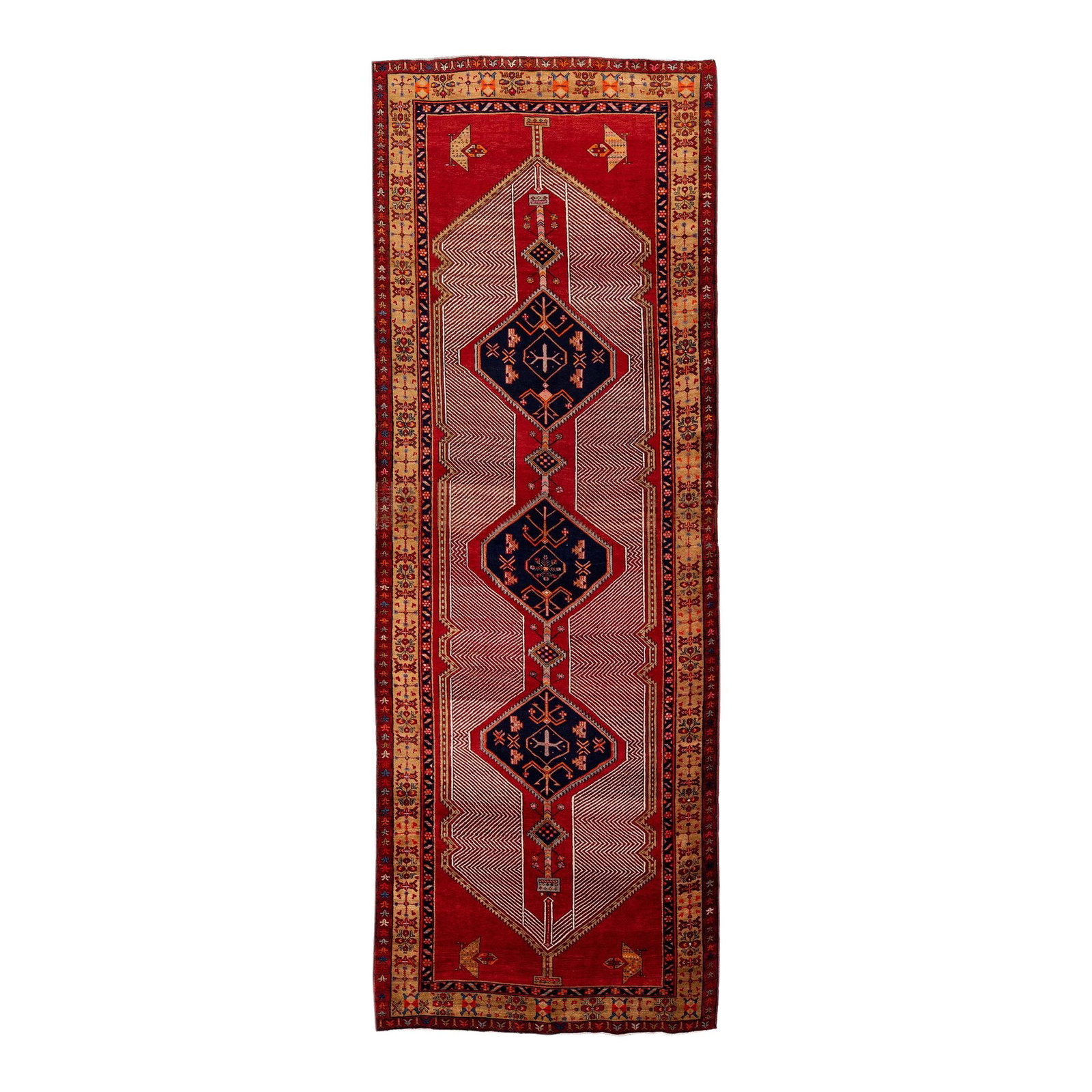 Vintage Persian Heriz Handmade Wool Runner Red Medallion 4'5 x 12'7: Vintage Persian Heriz Handmade Wool Runner Red Medallion 4'5 x 12'7 This exquisite vintage Persian Heriz runner showcases a stunning hand-knotted wool construction, featuring a vibrant red field compl