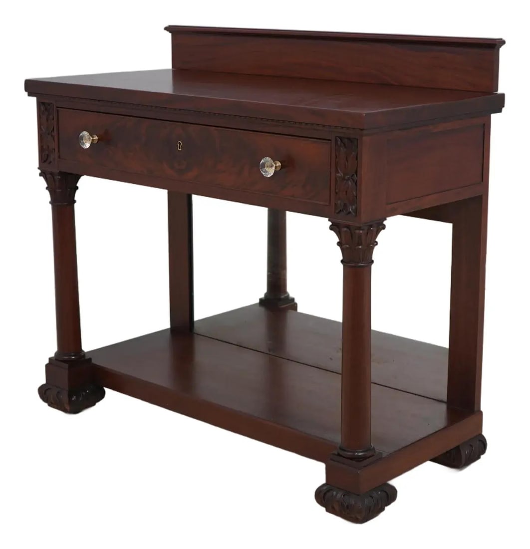 44w x 20d x 41h American Empire mahogany server with drawer: 44w x 20d x 41h American Empire mahogany server with drawer Antique American Empire buffet server featuring mahogany construction, a hand-dovetailed drawer, gallery top, mirrored back, key-locking dra