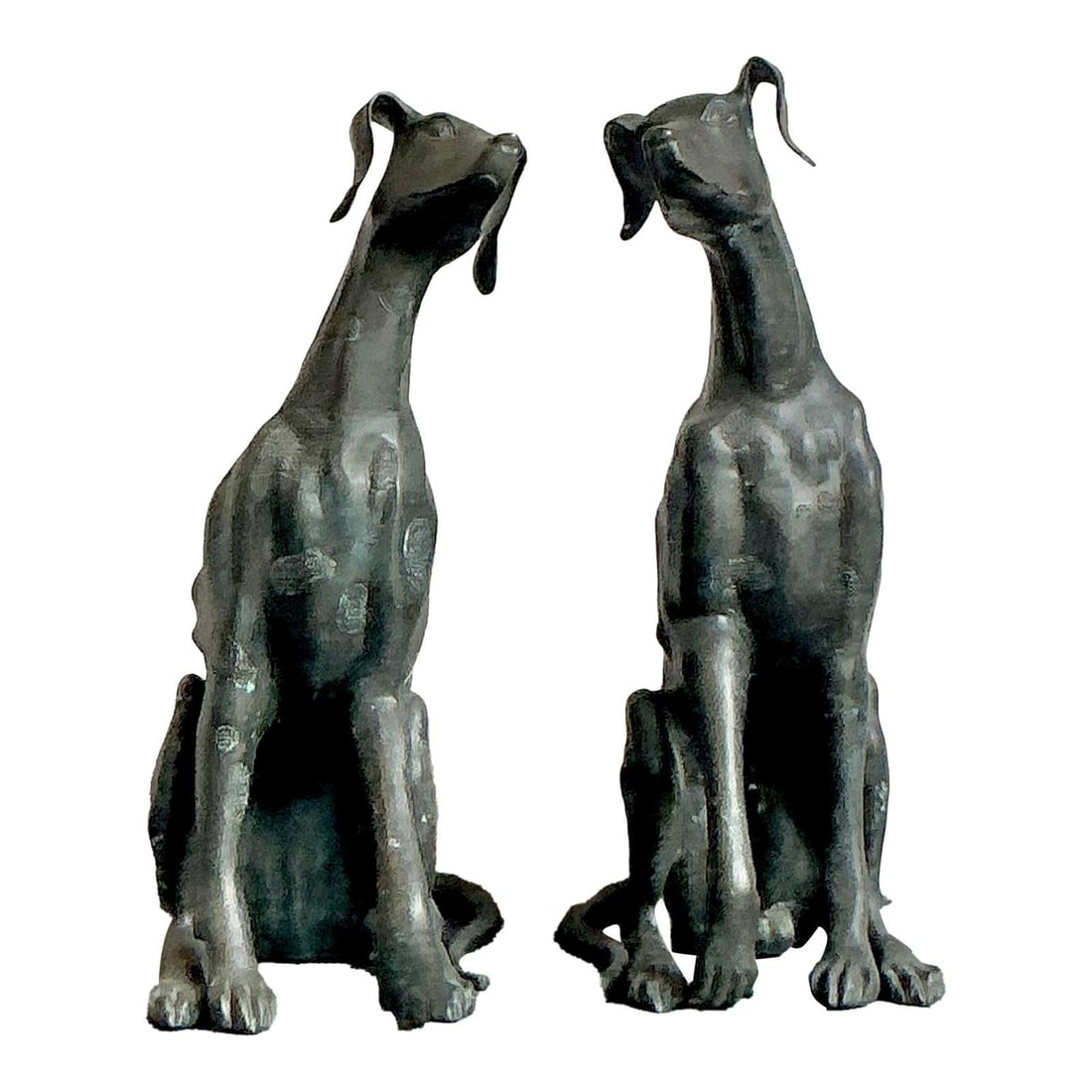 Pair of Monumental Cast Bronze Dog Sculptures with Boho Design: Pair of Monumental Cast Bronze Dog Sculptures with Boho Design This pair of vintage monumental cast bronze dog sculptures features a distinctive Boho aesthetic and showcases exquisite craftsmanship. E