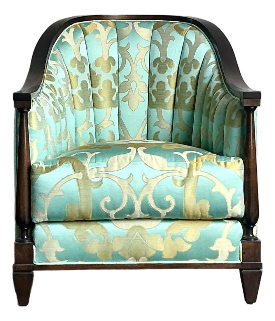 Regency Style Channel Tufted Lounge Chair in Aqua and Gold Damask Upholstery: Regency Style Channel Tufted Lounge Chair in Aqua and Gold Damask Upholstery This Vintage Regency-style lounge chair, inspired by the designs of Andre Arbus, showcases elegant channel tufting along a 