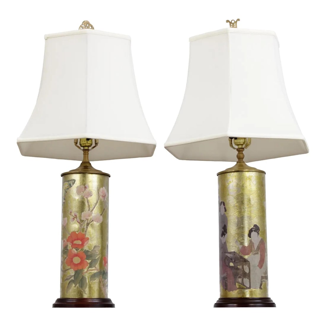 Pair of Chinese reverse painted glass canister lamps with wood bases (1 of 10)