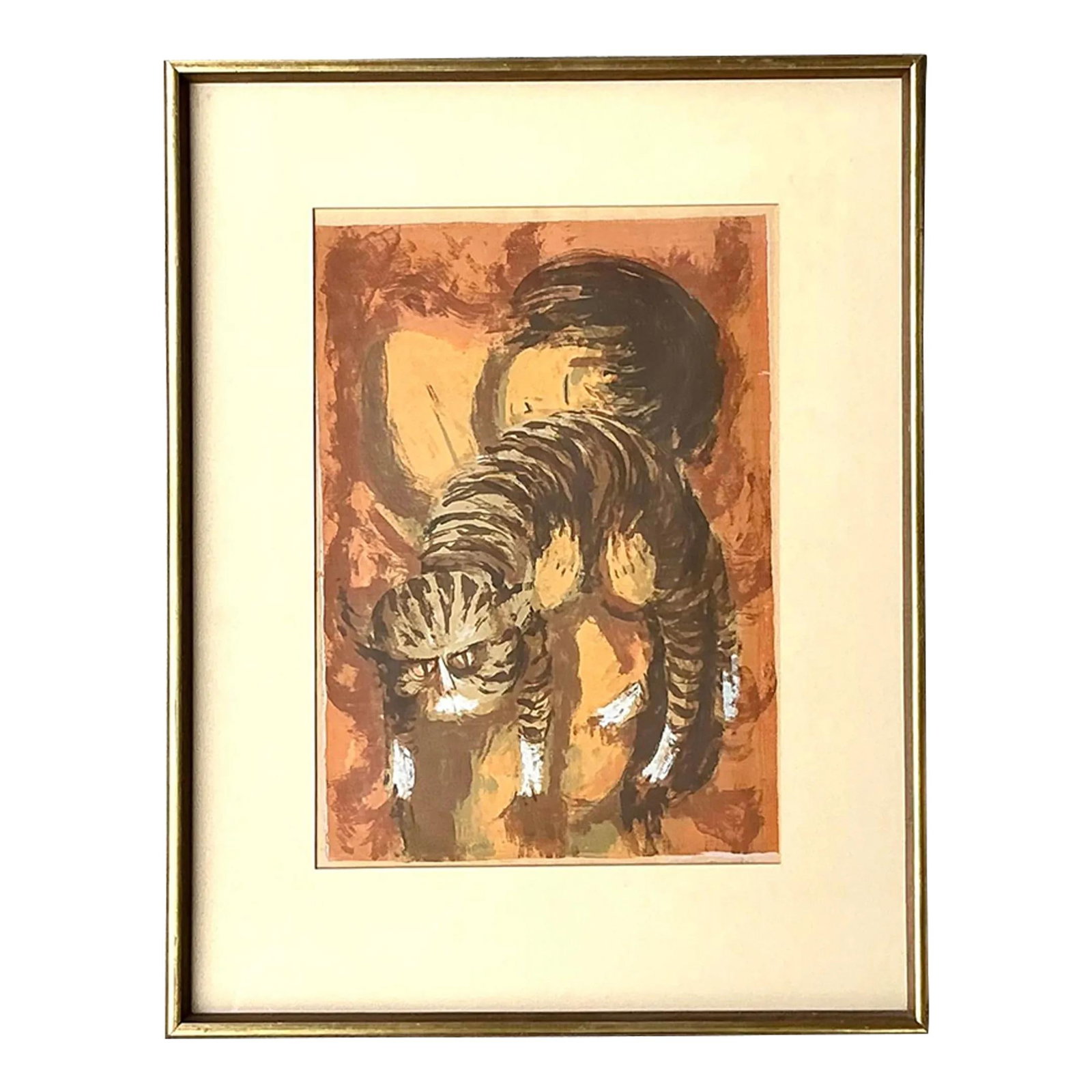 Vintage Boho Framed Cat Lithograph Signed Art 16.5x18.5: Vintage Boho Framed Cat Lithograph Signed Art 16.5x18.5 This vintage boho signed original lithograph on paper features a captivating depiction of a cat rendered in earthy tones. The artwork is elegant