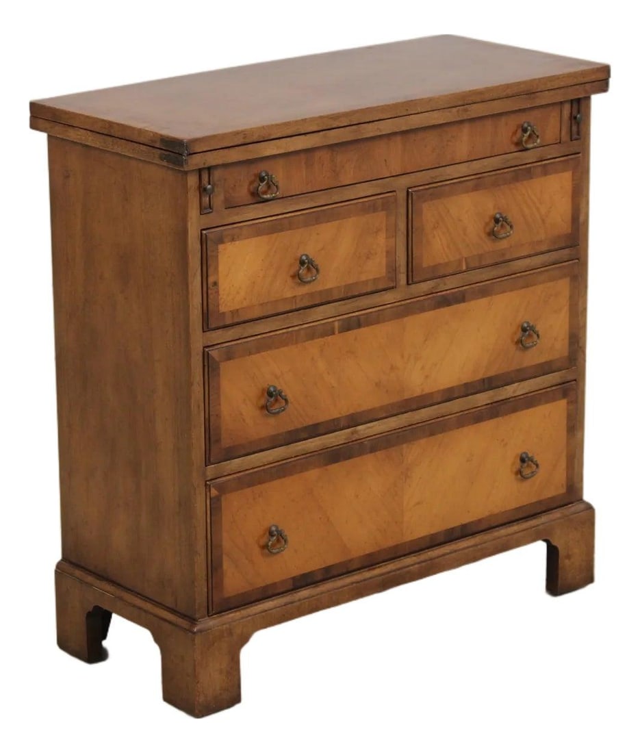 Mahogany Flip Top Bachelor Chest English Style 29w x 13d x 30.5h: Mahogany Flip Top Bachelor Chest English Style 29w x 13d x 30.5h Vintage flip-top bachelor chest with quality construction and English style design. The piece features yew wood banded borders and reta