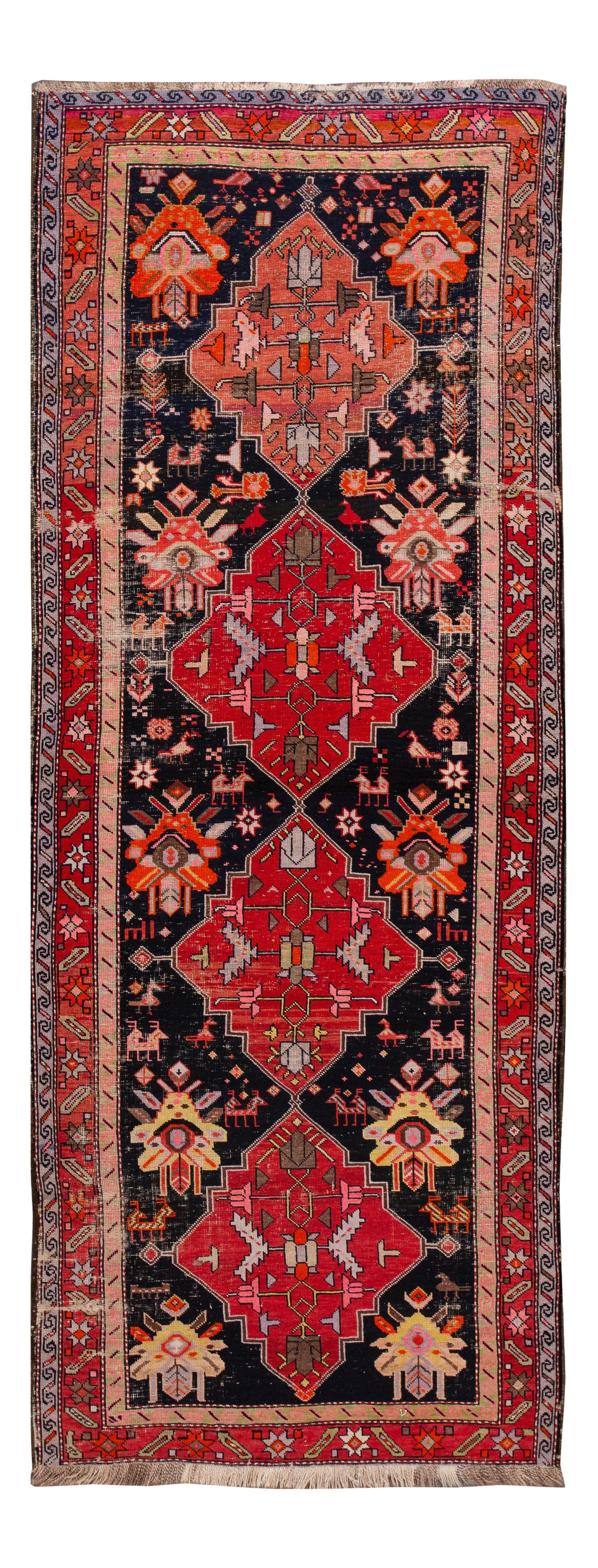 Vintage Hand-Knotted Wool Runner Rug Red Geometric Design 3'10'' X 10': Vintage Hand-Knotted Wool Runner Rug Red Geometric Design 3'10'' X 10' This exquisite mid-20th century vintage runner rug features a vibrant red field adorned with multicolor accents in an intricate a