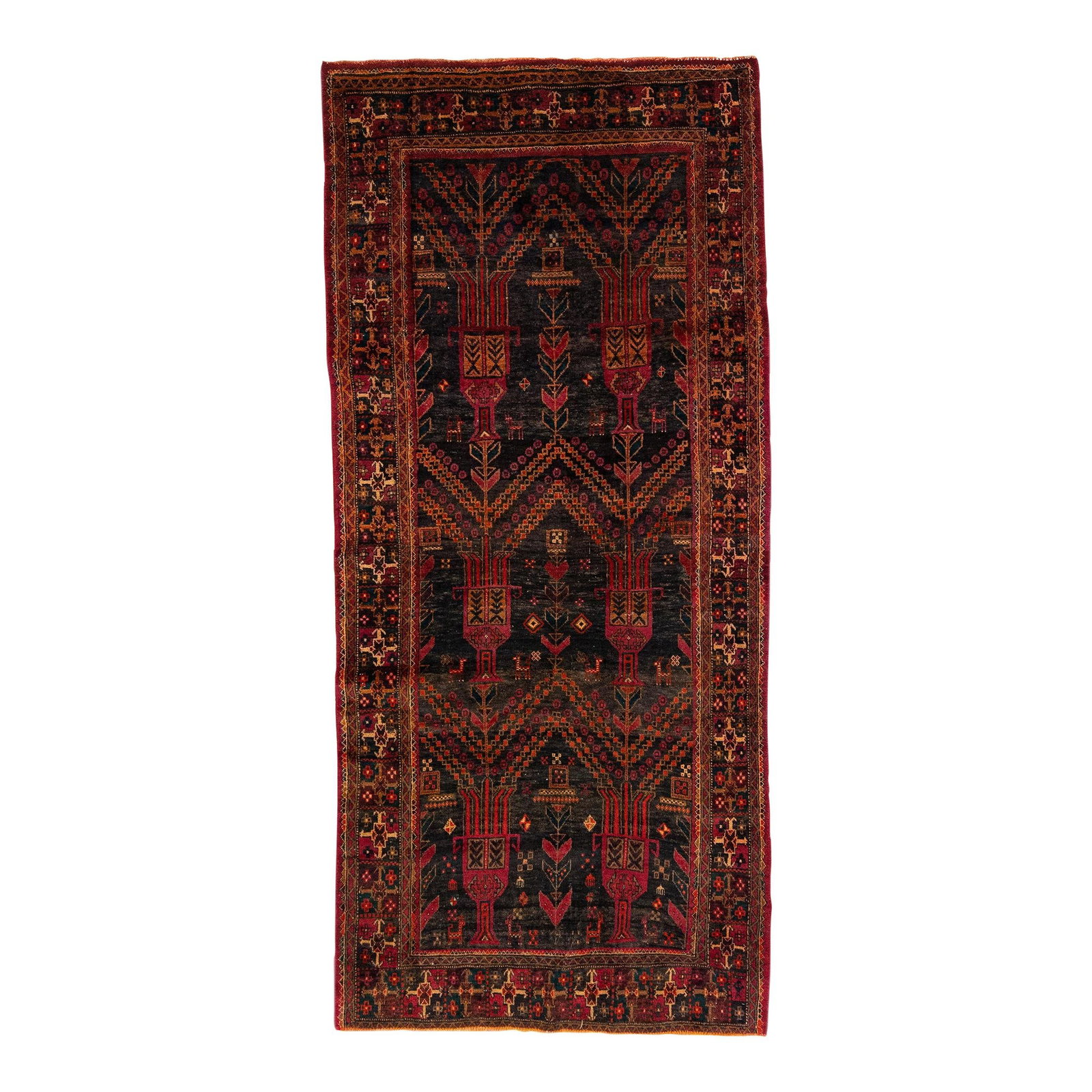 1960s Persian Shiraz Hand-Knotted Red Wool Rug 3'11 x 8'8 Geometric Design: 1960s Persian Shiraz Hand-Knotted Red Wool Rug 3'11 x 8'8 Geometric Design Discover the charm of this beautiful vintage Persian Shiraz hand-knotted wool rug, featuring a vibrant red color field. The r