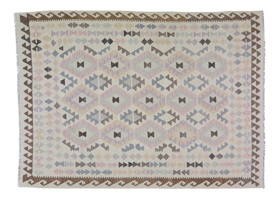 Vintage Maimana Kilim Rug Organic Wool Geometric Afghan Tribal 5'10" x 8'1": Vintage Maimana Kilim Rug Organic Wool Geometric Afghan Tribal 5'10" x 8'1" This vintage Afghan Maimana tribal kilim is hand woven using organic wool and features natural colors with a geometric patte