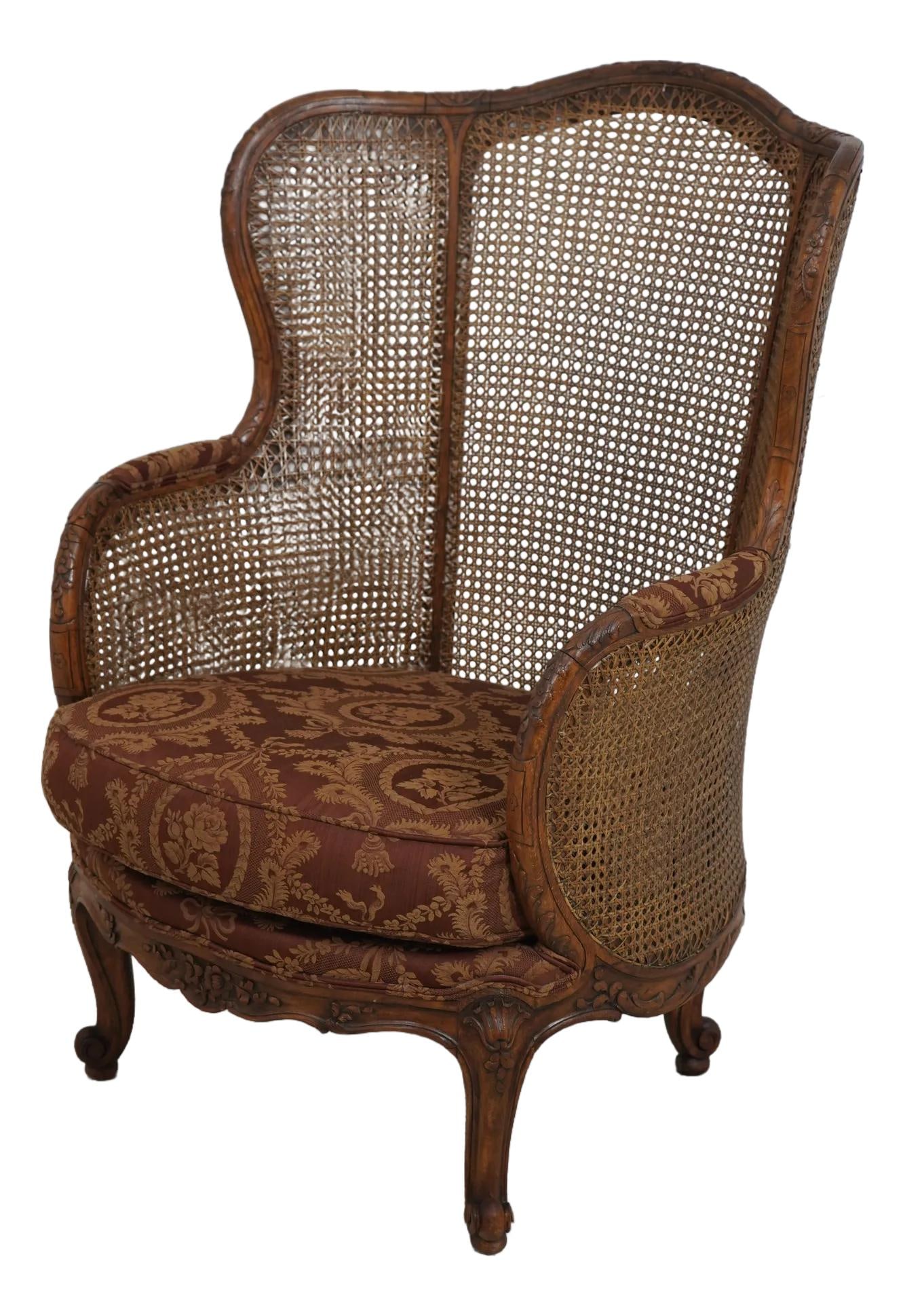 Vintage French Louis XV Double Cane Parlor Chair Damask Cushion: Vintage French Louis XV Double Cane Parlor Chair Damask Cushion This exquisite Vintage French Louis XV Double Cane Parlor Chair features a stunning design, showcasing quality construction and an elega