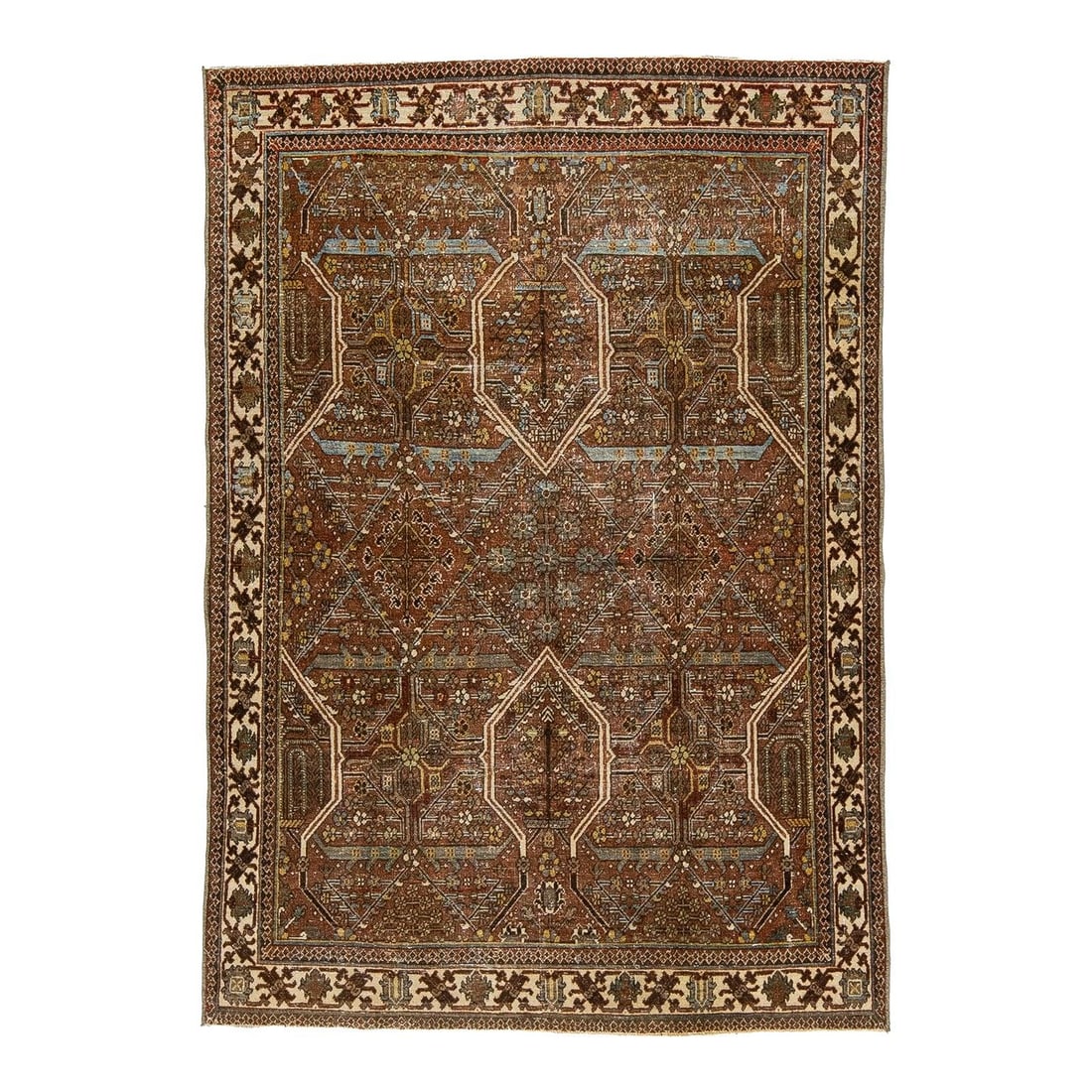 3'5" x 4'10" Antique Malayer Area Rug Wool Rust Blue: 3'5" x 4'10" Antique Malayer Area Rug Wool Rust Blue Antique Malayer wool rug in an Oushak style with a distressed, muted rust and blue palette. It is hand-knotted from premium hand-spun wool and feat