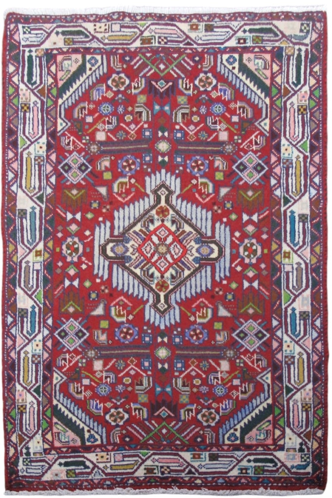 Hand-Knotted 2'8" x 3'10" Red Persian Hamadan Rug Geometric Design: Hand-Knotted 2'8" x 3'10" Red Persian Hamadan Rug Geometric Design Free continental US Shipping Discover the exquisite charm of this 2.8 x 3.10 Red Persian Hamadan Rug, a stunning example of tradition