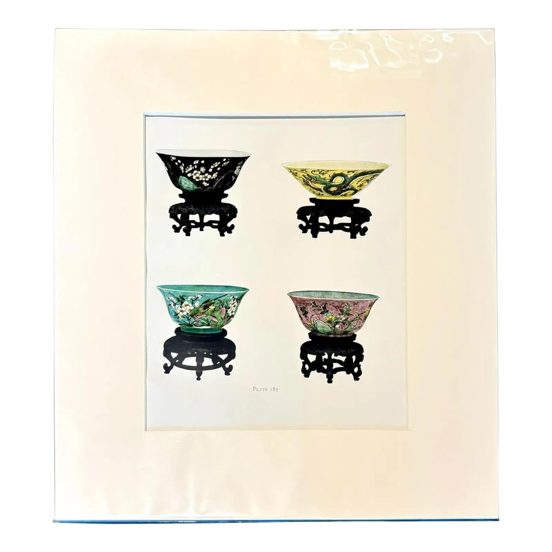 Chinese Still Life Porcelain Bowls Art Print with Floral Motifs: Chinese Still Life Porcelain Bowls Art Print with Floral Motifs This vintage Boho Chinese porcelain print features delicately rendered bowls depicted in pen and ink on paper. The artwork presents a ba